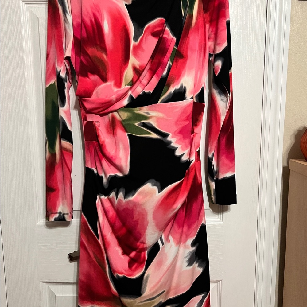 Halston Heritage Vibrant Pink and Black Long Sleeve Dress